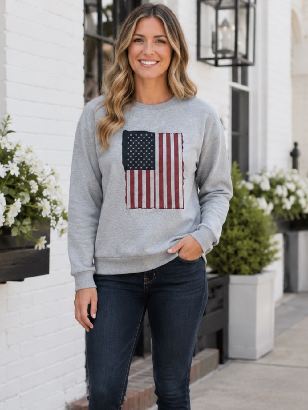 NEW American USA United States Flag Retro Look Gray Sweatshirt Patriotic